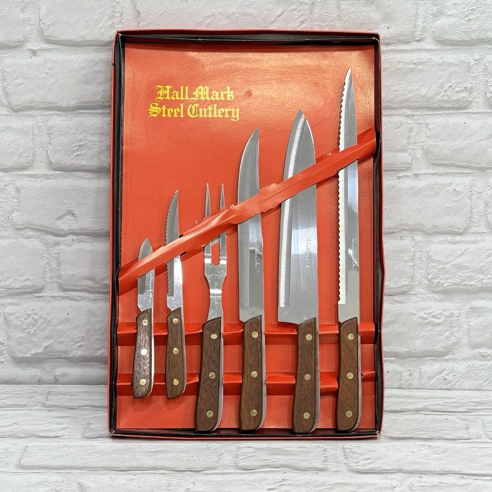 Vintage 1983 Hallmark Steel Cutlery 6 Piece Wood Handle Knifes Set No 344 - NEW
